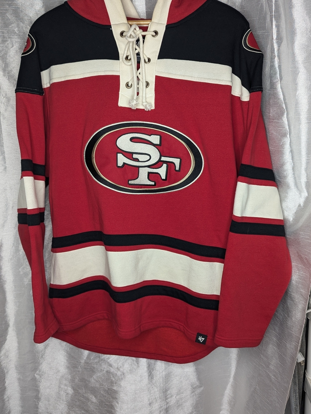 ’47 NFL San Francisco 49ers Lace-Up Hoodie Red Black White Size M